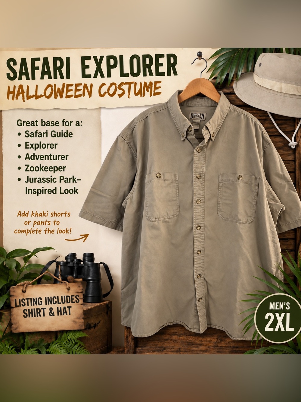 Men's Safari Explorer Costume, Size-XXL Tall, Short-Sleeve Duluth Shirt and Hat